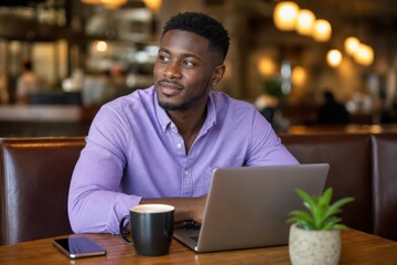 Obraz premium Generative AI, Black man in purple shirt at cafe with laptop, looking away thoughtfully