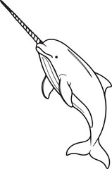 Narwhal Swimming Upward With Spiral Tusk Line Art Illustration © khilal