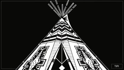 Very beautiful black-and-white engraved vector illustration featuring a traditional TIPI with detailed structural patterns and a cultural label reading "TIPI", rendered in refined engraving style. © ehsanollah
