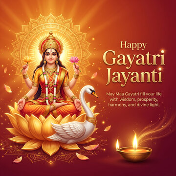 Vibrant lord gayatri devi sitting cross legged on lotus flower with swan sacred light and ornate halo celebrating gayatri jayanti festival in bright traditional style