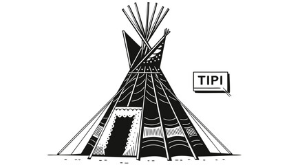 Very beautiful black-and-white engraved vector illustration featuring a traditional TIPI with detailed structural patterns and a cultural label reading "TIPI", rendered in refined engraving style. © ehsanollah