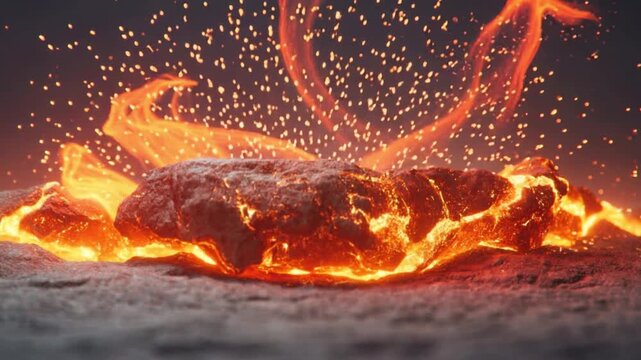 Molten lava flowing through cracks in cooled volcanic rock with glowing hot magma and sparks flying during volcanic eruption in dark environment