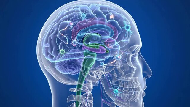 Anatomy mockup showcasing detailed brain structures and microscopic cells, advanced medical science, neuroscience research and healthcare education concept, 4K video