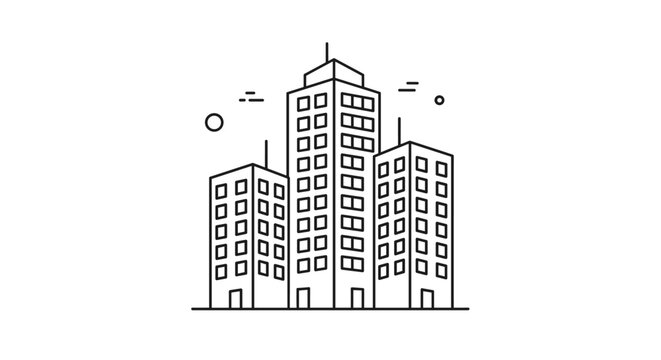 Minimalist black and white line art illustration of three high-rise city skyscrapers representing urban architecture and business.