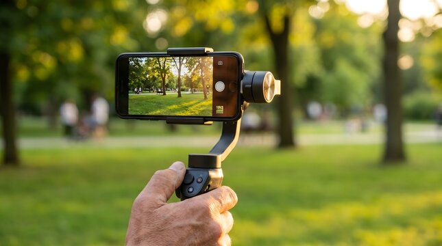 Hand holding a modern black electronic smartphone gimbal stabilizer to capture smooth cinematic video footage of a sunny green public park during a warm golden hour sunset in the summer