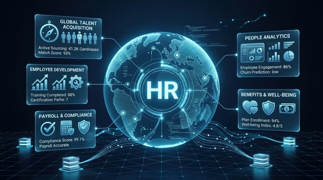 Futuristic HR human resources global talent acquisition dashboard with people analytics and employee development data on holographic globe, corporate management technology concept.