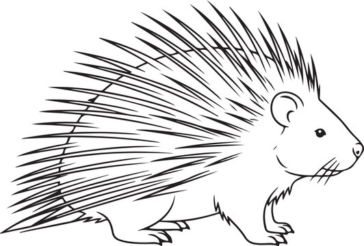 Cute Porcupine Walking With Raised Quills Line Art Illustration