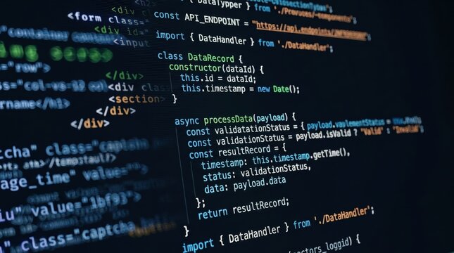 Close-up of computer screen displaying modern JavaScript code, web development interface with syntax highlighting, software engineering workflow