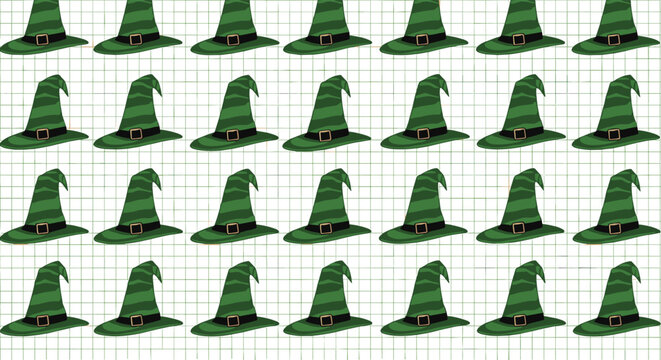 Repeating pattern of green and black striped witch hats on a white grid background for Halloween themed designs.