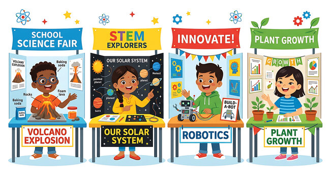 Children displaying school science fair projects in classroom setting