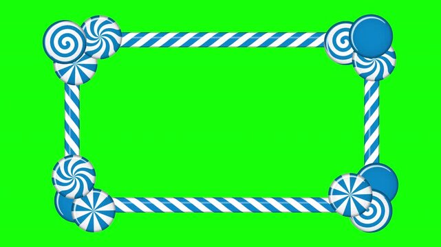 Candy cane frame with blue and white striped animation. Border with striped candy lollipop pattern. Winter ornament decoration. Winter holidays theme. 4K animation