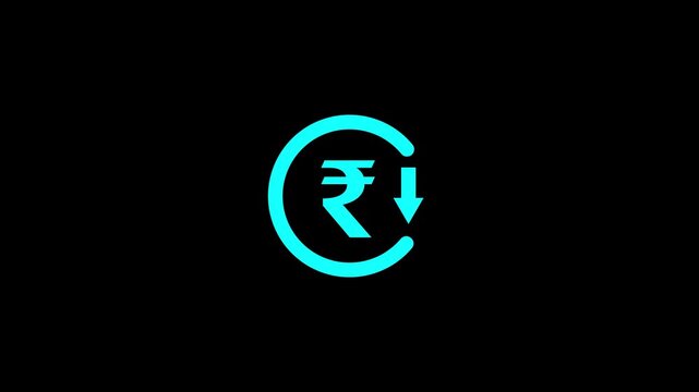 A beautiful rupee icon with a arrow icon animation and a circle line on black background.Abstract a rupee icon, rupee,money,currency icon animation.