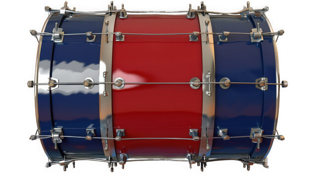 Professional marching bass drum with red and blue glossy finish featuring metal hardware details on transparent background