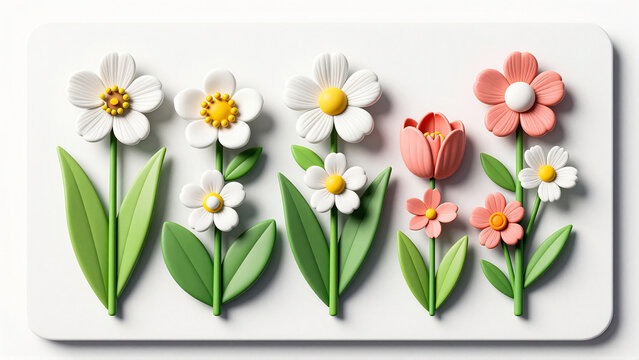 Cute 3D Clay Flower Icons Set with Daisies and Tulips on White Background