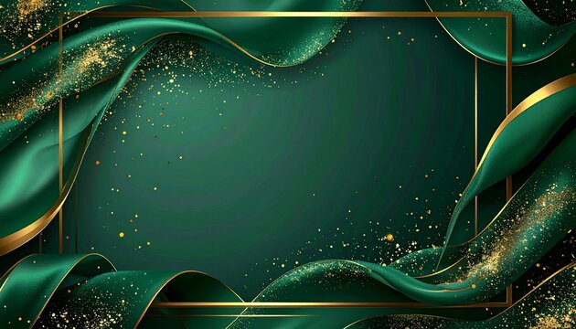Premium abstract background with emerald green flowing ribbons and metallic gold frame