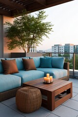 Fototapeta premium Balcony wicker sofa with turquoise cushions and candle centerpiece for cozy outdoor seating and city view background