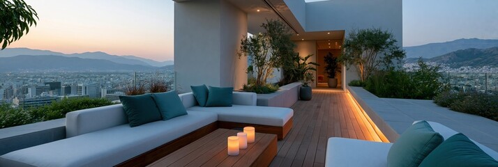 Fototapeta premium Contemporary rooftop patio at dusk with modular sectional seating, wood deck lighting and panoramic city view for exterior background and hospitality design