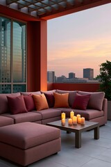 Fototapeta premium Cozy rooftop lounge seating at sunset with candles and cushions for outdoor patio background and banner