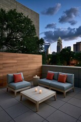 Fototapeta premium Contemporary rooftop lounge with minimalist seating and small candles overlooking city skyline at twilight for background