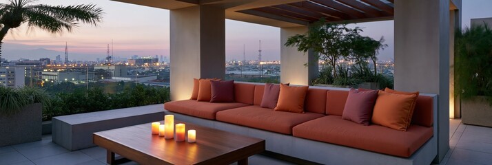 Obraz premium Modern rooftop terrace outdoor lounge with long built in sofa and orange cushions for patio background and banner design