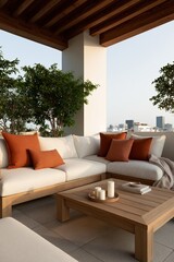 Fototapeta premium Modern outdoor terrace lounge with white sofa and terracotta pillows for balcony background and lifestyle banner design