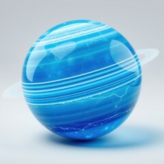 Fototapeta premium Blue planet with rings, lightning visible. Smooth surface, glossy texture, light reflection creates depth. Minimalist style, digital art.