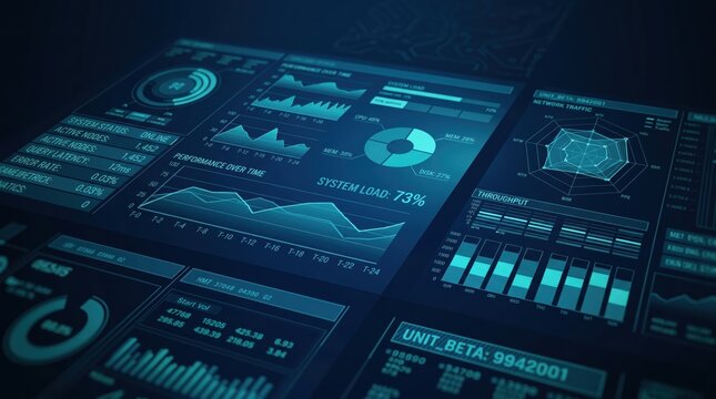 Futuristic cyber security dashboard displaying system load graphs