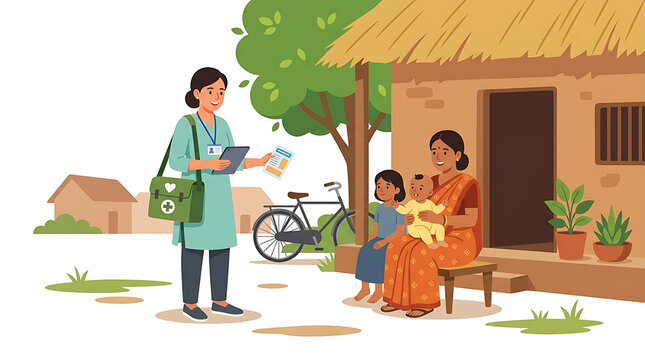 Healthcare worker talking to mother and children at rural home