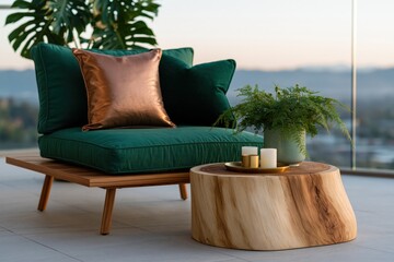 Fototapeta premium Green lounge chair with copper pillow and wooden stump table for minimalist outdoor decor and balcony background
