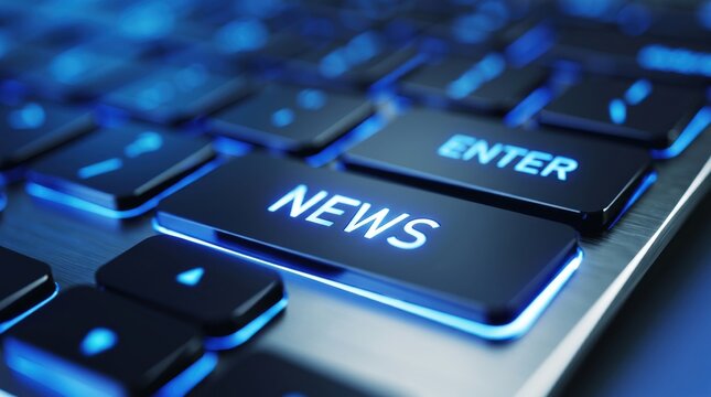 Glowing blue news button on modern computer keyboard, digital media concept for breaking headlines and online journalism
