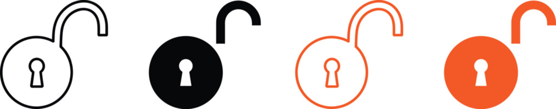Minimalist unlock padlock icons in black and orange styles
