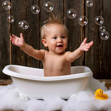 a todler joyfully playing in a white, miniature clawfoot bathtub filled with white foam. the baby's arms are outstretched.