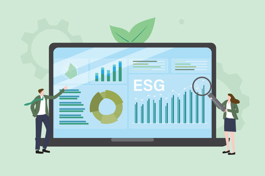 Business Team Analyzing ESG Dashboard on Laptop with Charts and Green Leaf, Sustainability Concept