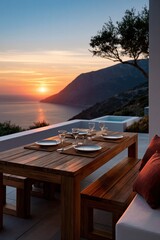 Fototapeta premium Sea view terrace with wooden dining bench set and sunset over cliffs for hospitality background and outdoor dining banner