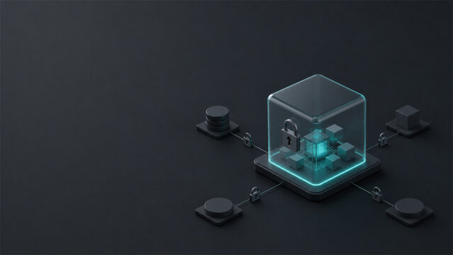 Minimal confidential computing concept with data processing inside a sealed secure enclave on a dark background with copy space