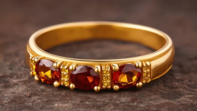 Elegant gold band ring featuring three deep red faceted gemstones set with small accent details on a textured dark brown surface close-up