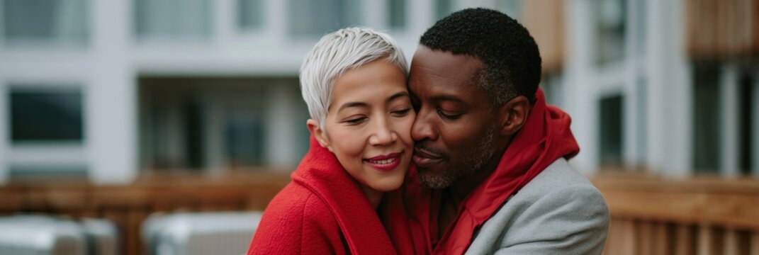Mature couple hugging on a porch balcony in warm coats for romantic portrait and lifestyle background