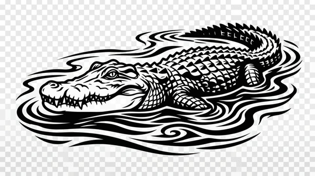 A stylized reptile with sharp teeth emerges from rippling water