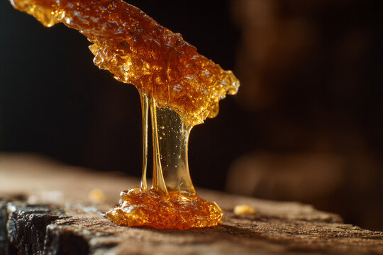Macro shot of golden maple taffy pulled into glossy amber strands, lit by warm cinematic light over blurred wood. Clean negative space ideal for gourmet magazines, bakery ads, and culinary branding.