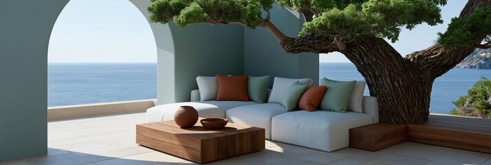 Obraz premium Mediterranean terrace sea view sofa under tree with arch and wooden coffee table for minimalist outdoor background and coastal design