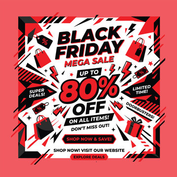 Black friday mega sale event banner design featuring shopping bags and lightning bolts with bold typography on white background for high volume retail marketing campaign.