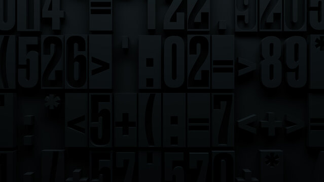 Close-Up of Dark Textured Surface Featuring Embossed Mathematical Numbers and Operators, Highlighting Light and Shadow for Educational and Academic Visuals in Mathematics