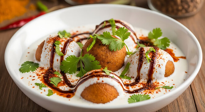 Dahi vada dumplings sit in a white bowl topped with yogurt, tamarind chutney, and fresh cilantro.