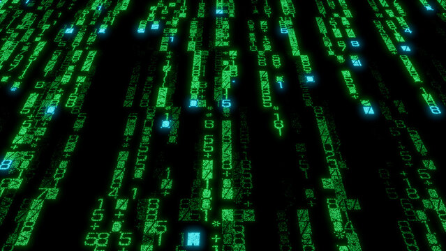 High-Detail Abstract Digital Display of Random Green and Blue Characters and Numbers on Black Background - Ideal for User Experience Design and Technology Projects