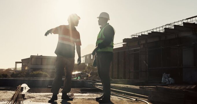 Engineer, people and talking outdoor for construction, inspection or planning for infrastructure. Flare, team and pointing with feedback for quality assurance, building progress and urban development