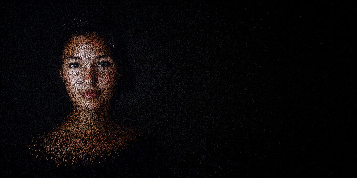 Digital ID Portrait of Woman with Face made up of Code. Biometrics Concept with copy-space.