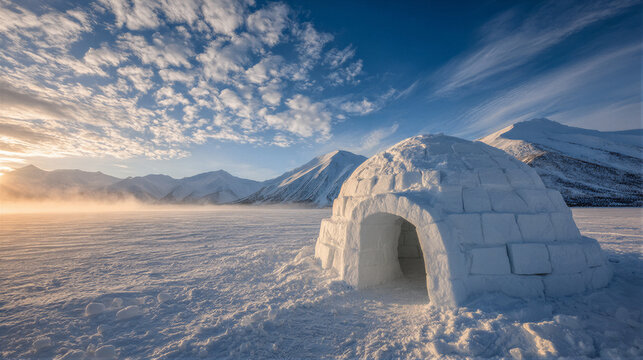 Inuit igloo on pristine arctic snow under golden sunrise, cinematic landscape with mountains, volumetric light, and copy space for winter travel posters, outdoor branding, and eco website banners.