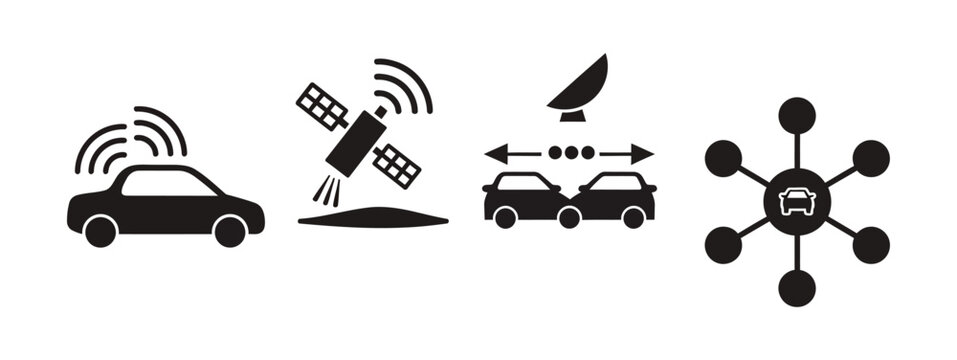 Connected Car and Autonomous Vehicle Technology Icon Set Featuring Satellite Navigation V2X Communication and Smart Network Integration