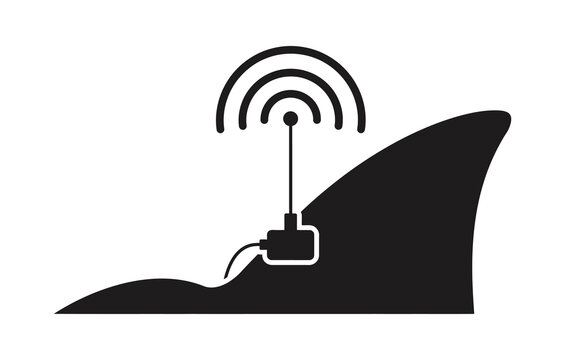 Black silhouette of shark fin with tracking transmitter antenna and signal waves icon