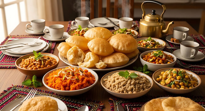 Traditional Indian breakfast featuring fried poori bread and various curried dishes on a table.